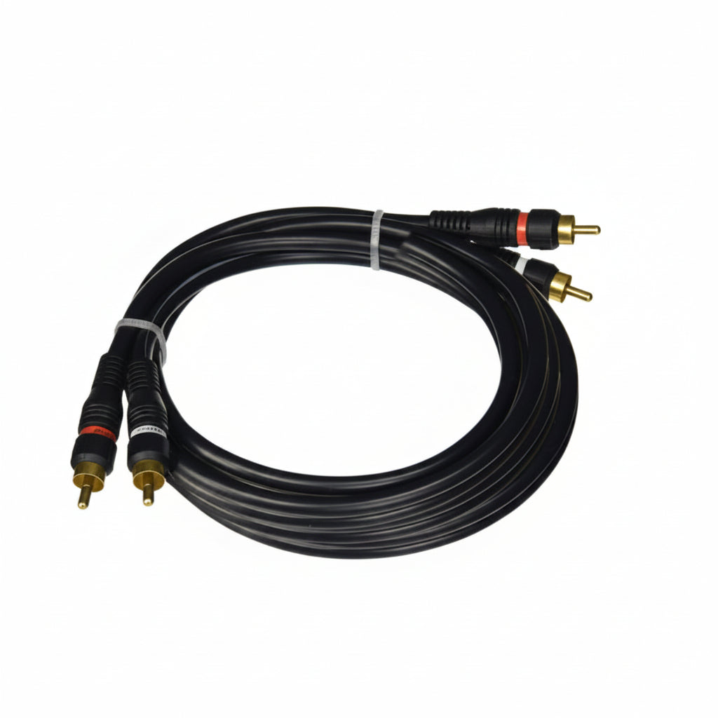 A 25 foot RCA cable with black wiring and standard RCA connectors on both ends.