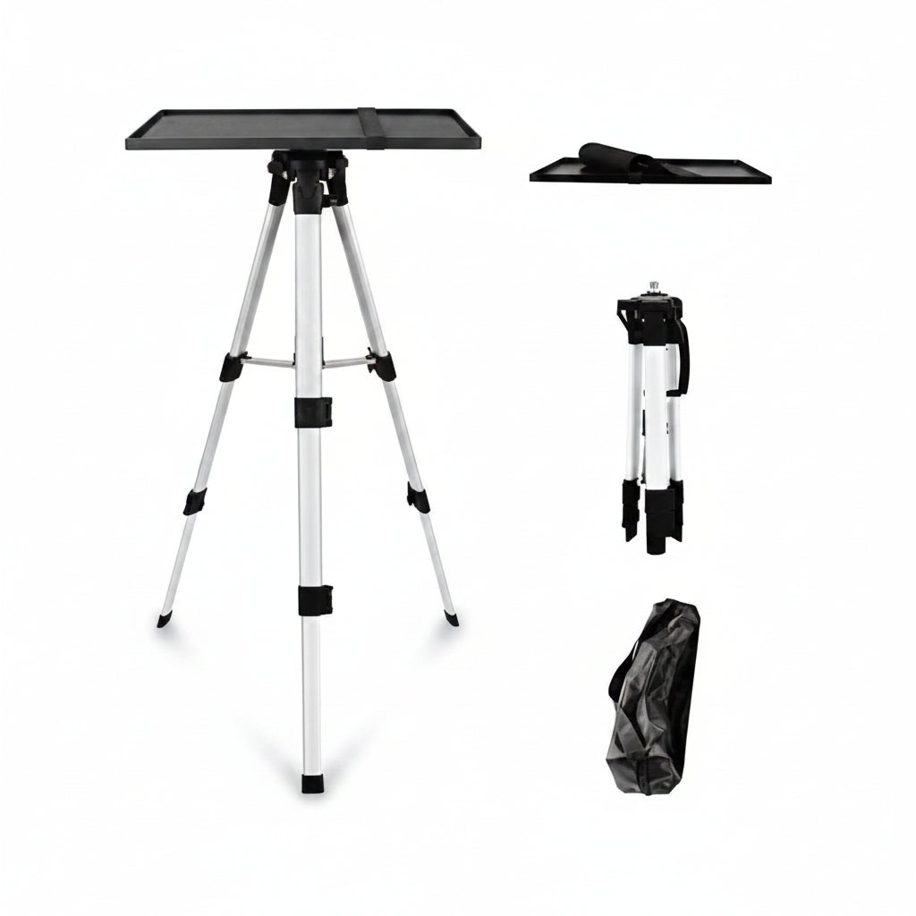 An adjustable projector stand with a tripod base, an extendable section, and a carrying case.