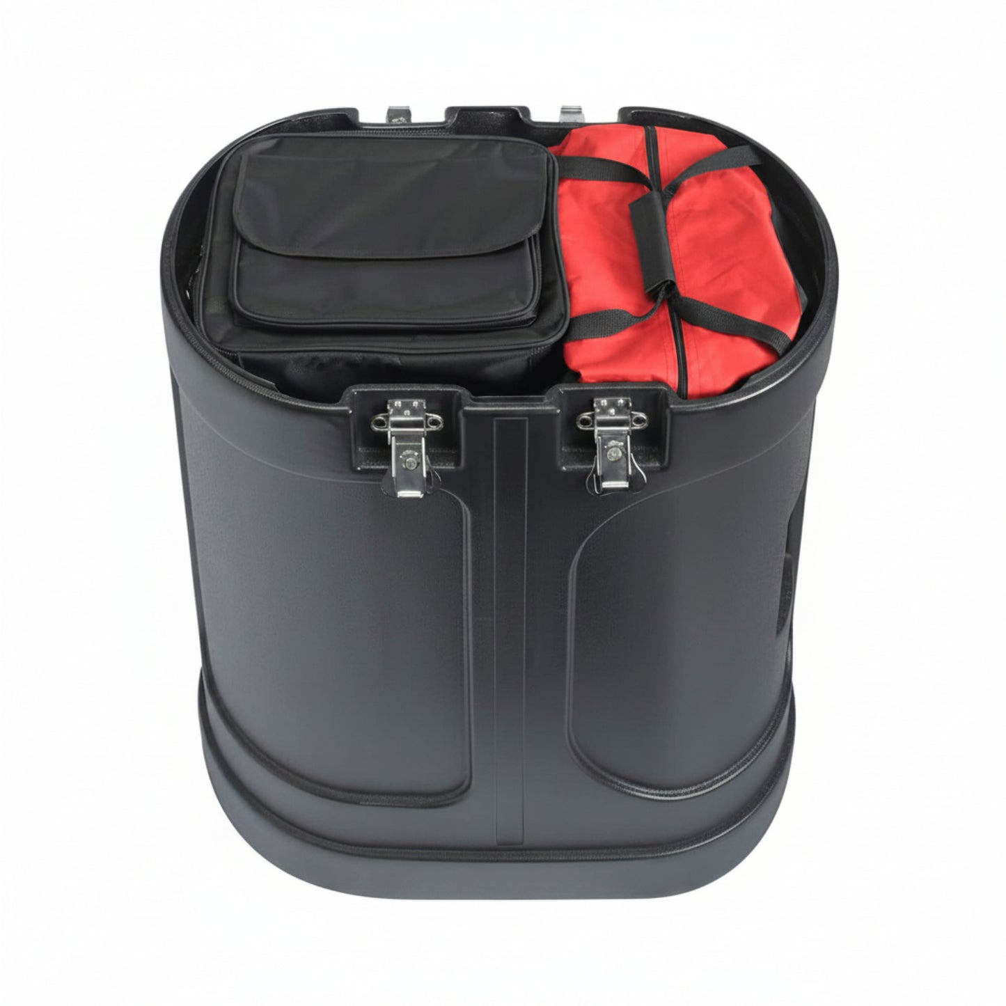 Black pannier with a red bag inside on a white background