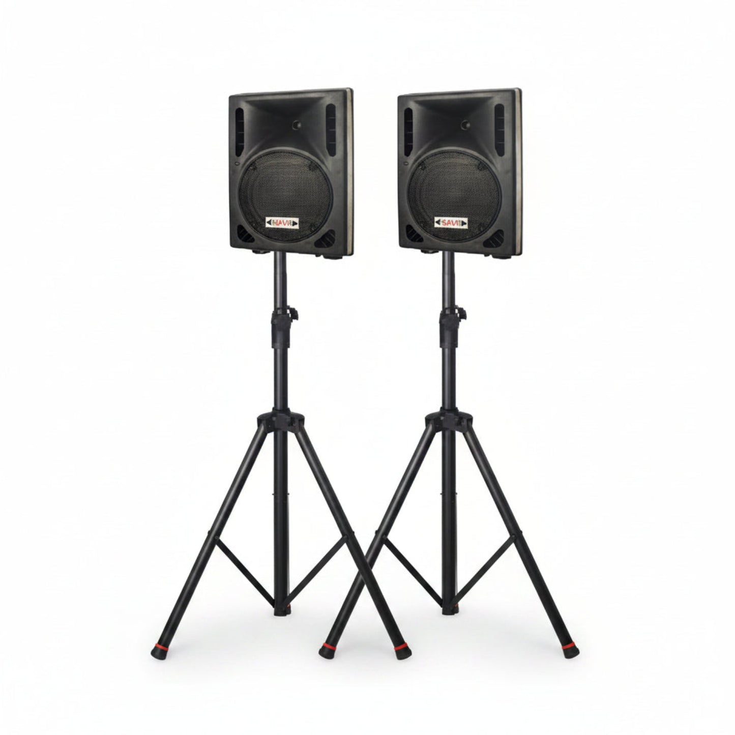 Two black speakers on stands against a white background