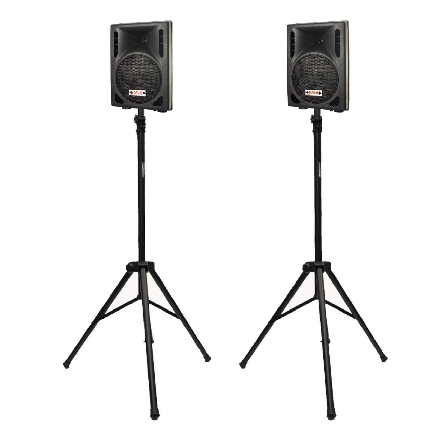 A pair of black 8-inch Bluetooth speakers mounted on tripod stands.