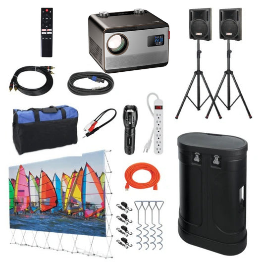 A collection of items including a projector, speakers with stands, a remote control, cables, a screen with a sailboat image, and a carrying case.