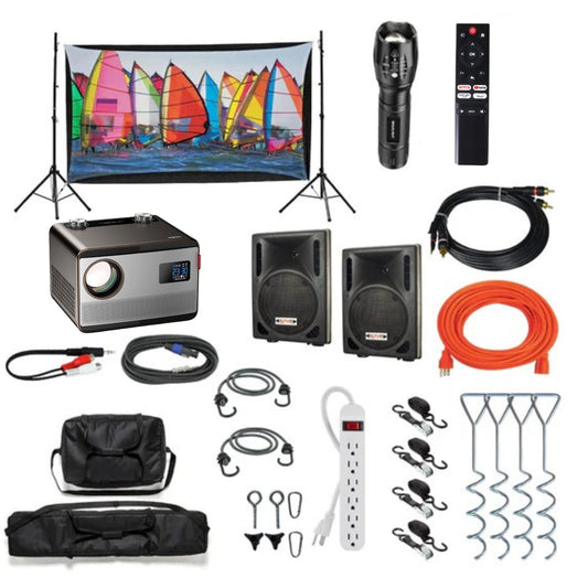 An assortment of outdoor movie equipment including a projector, screen, speakers, cables, and other accessories displayed on a white background.