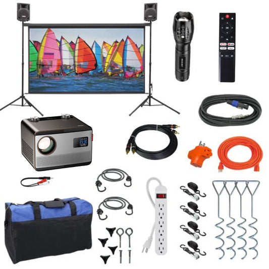 An assortment of items including a projector, screen, speakers, cables, and other equipment typically used for outdoor movie setups.