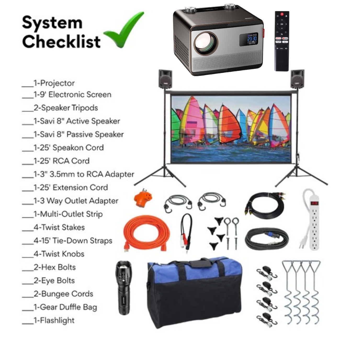 Outdoor movie setup system checklist with projector, screen, speakers, and accessories on a white background.