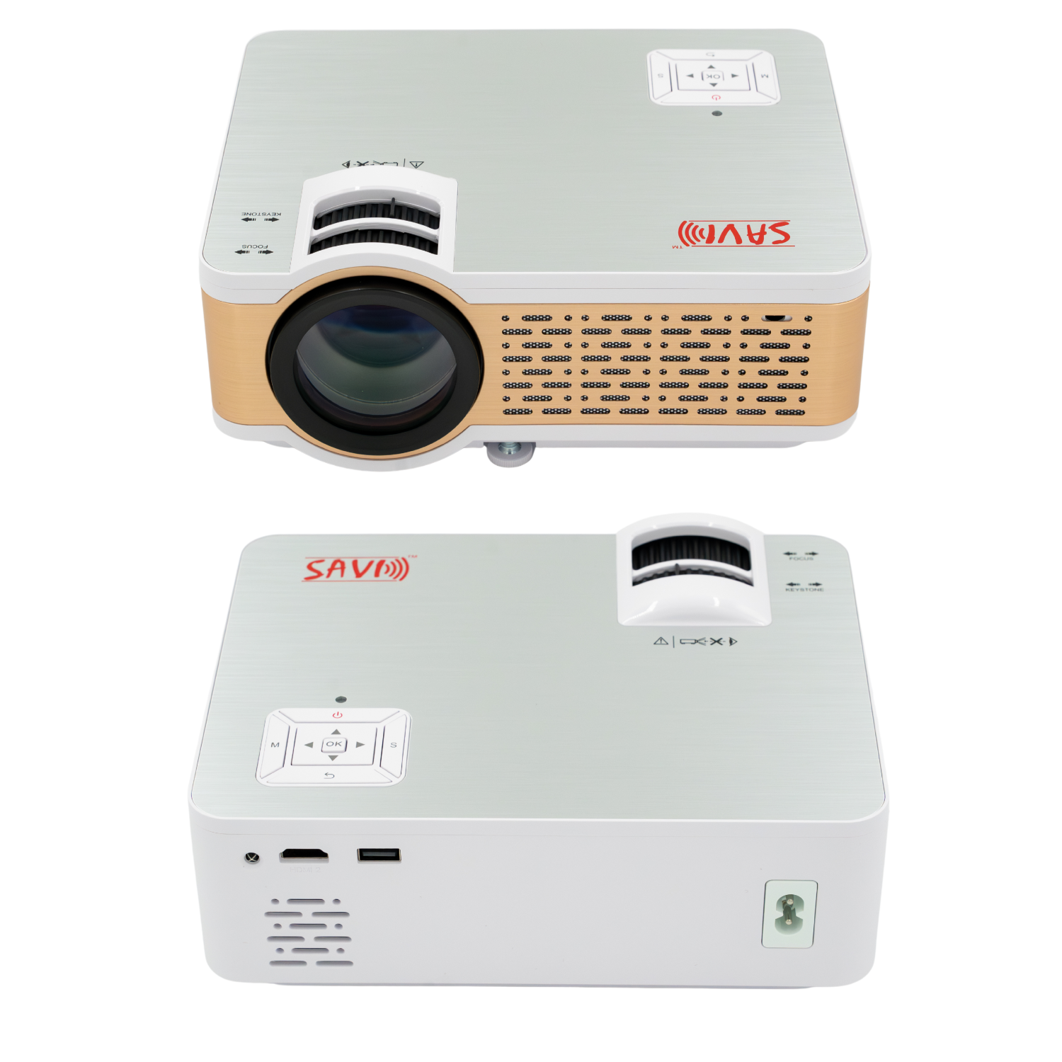Two projectors with 'SAVI' branding on a white background