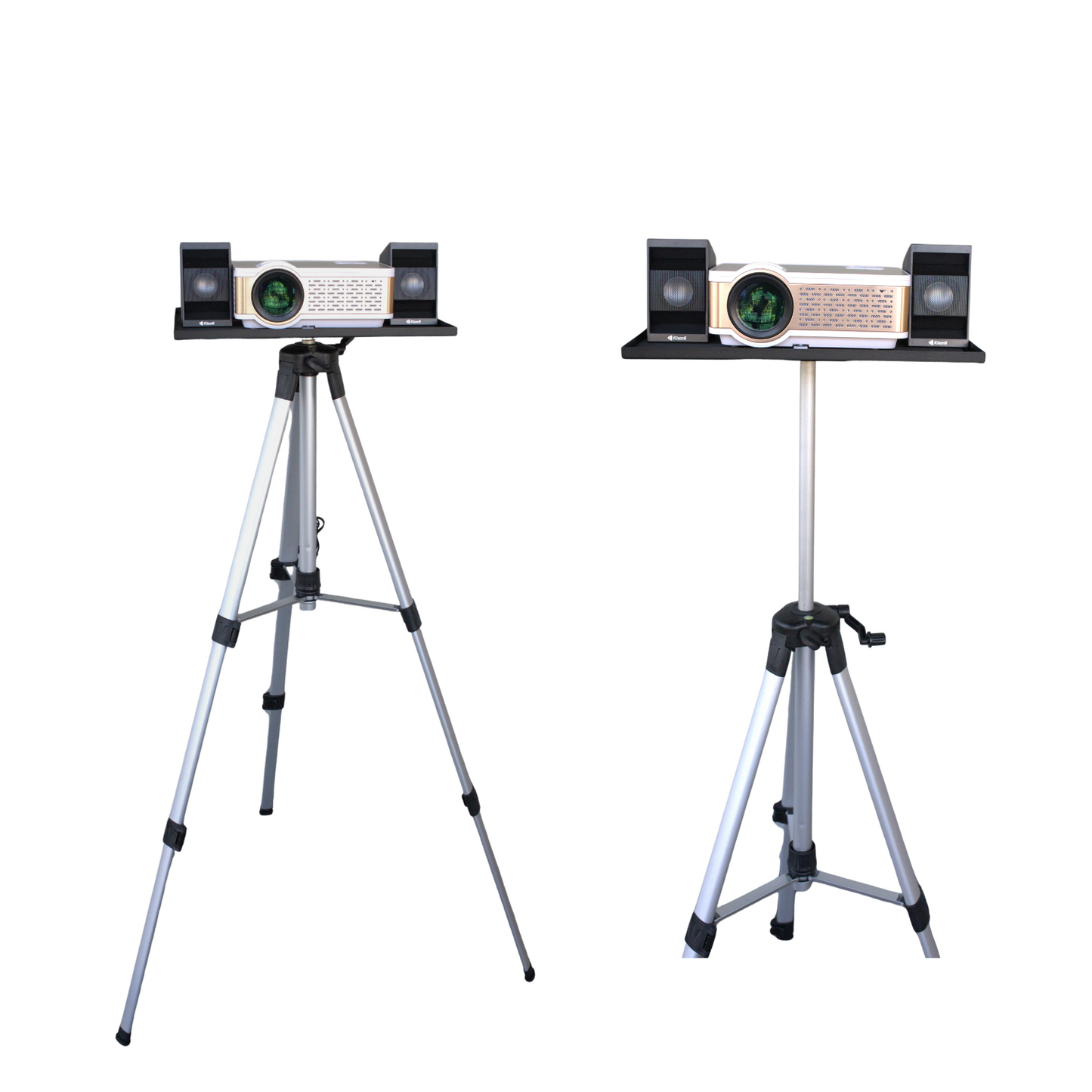 Two portable speakers on tripods with a white background