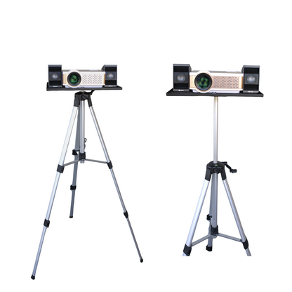 Two portable speakers on tripods with a white background