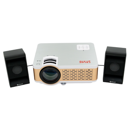 Projector with speakers on a white background