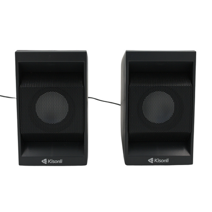 Pair of black Kisonli speakers on a white background