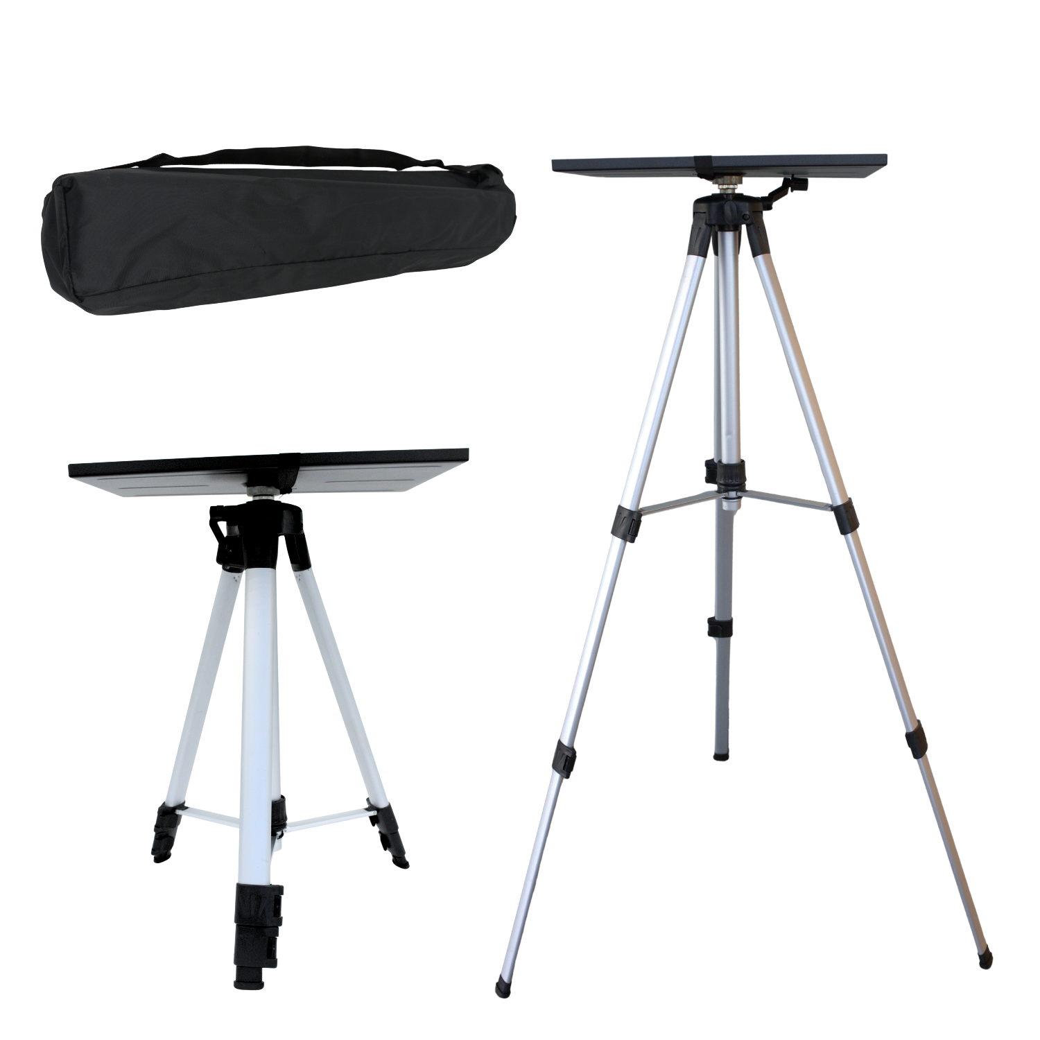 Two adjustable tripods with carrying cases on a white background